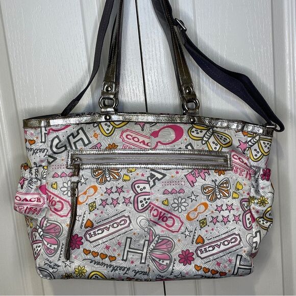 Coach Butterfly Bandana Graffiti Diaper Bag Metallic Silver Pink Yellow - Picture 6 of 17